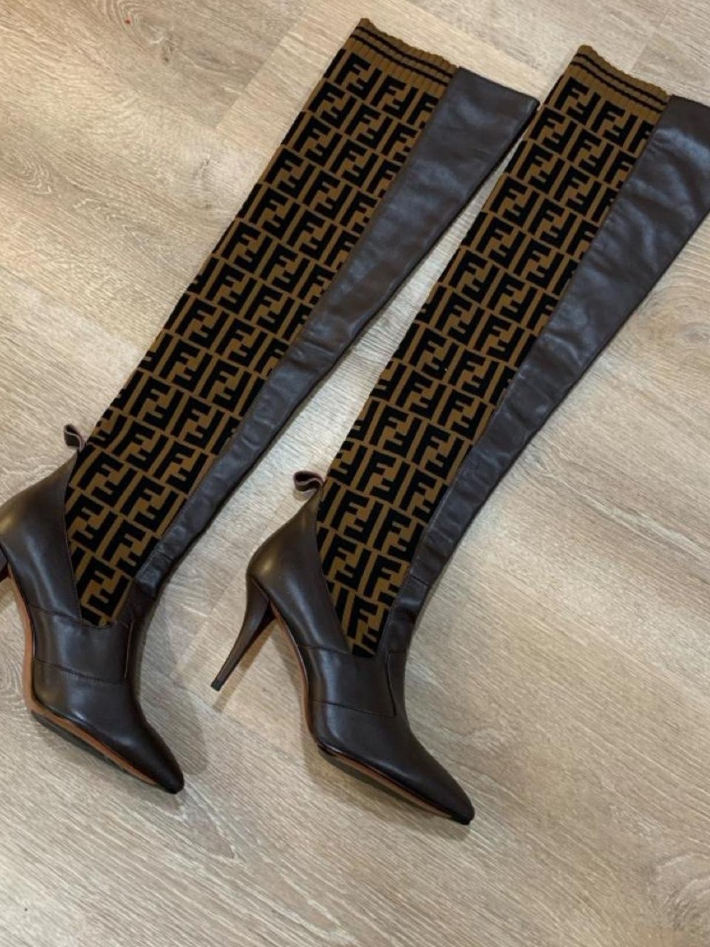 Fendi Brown and Black Logo Over-the-Knee Stiletto Boots